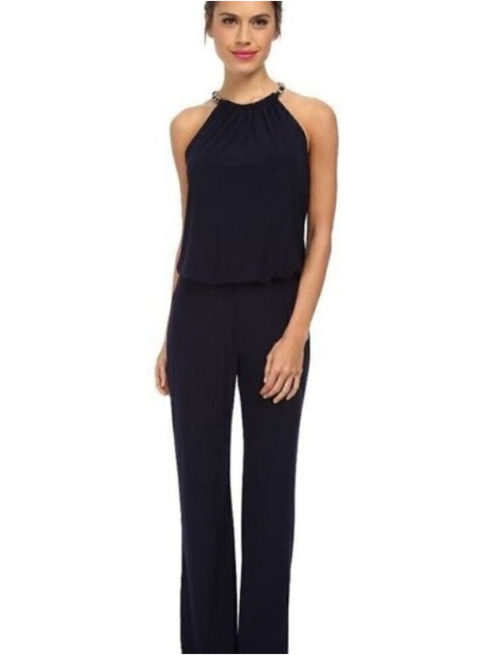 Laundry By Shelli Segal Black Open Peep Back Wide Leg Chain Halter Neck Jumpsuit